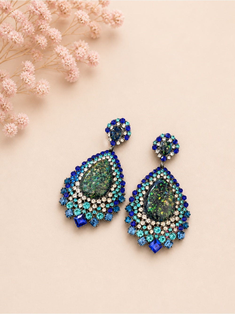 Statement Blue & Teal Teardrop Crystal Earrings - Unbranded